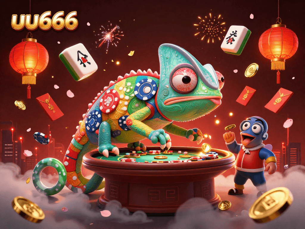 Experience thrilling gameplay at uu666 with a vibrant chameleon casino owner amidst gold coins and game elements.