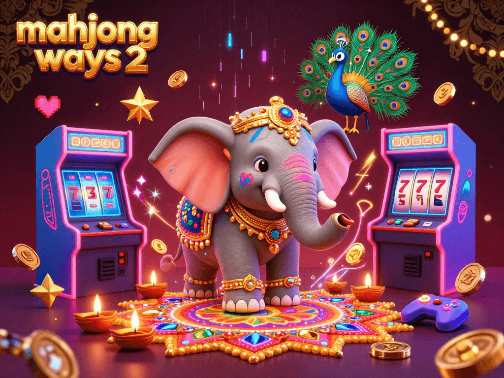 Experience the excitement of mahjong ways 2 in this vibrant 3D casino illustration showcasing a Diwali-themed elephant and dynamic gaming elements.