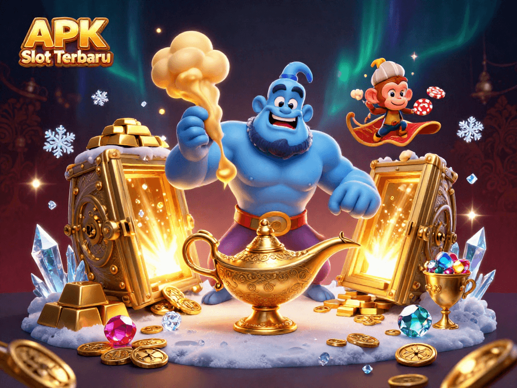 Experience the magic of APK Slot Terbaru with a genie and treasures in a vibrant casino scene.