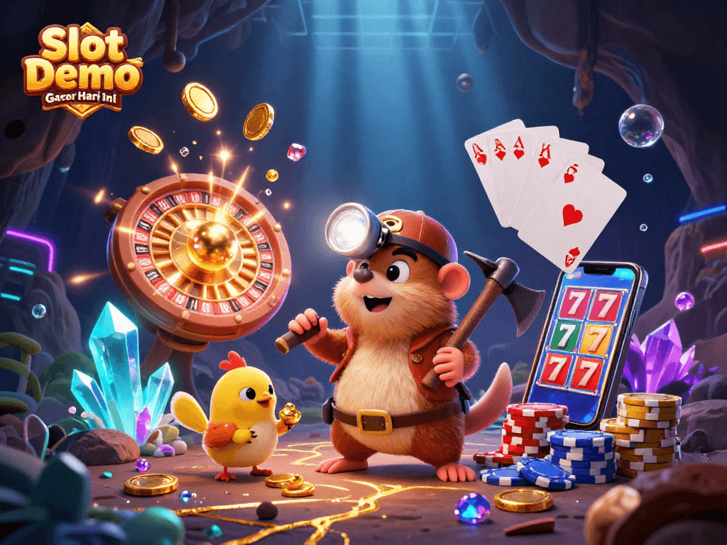 Experience thrilling Slot Demo Gacor Hari Ini with a treasure hunter mole and vibrant casino elements.