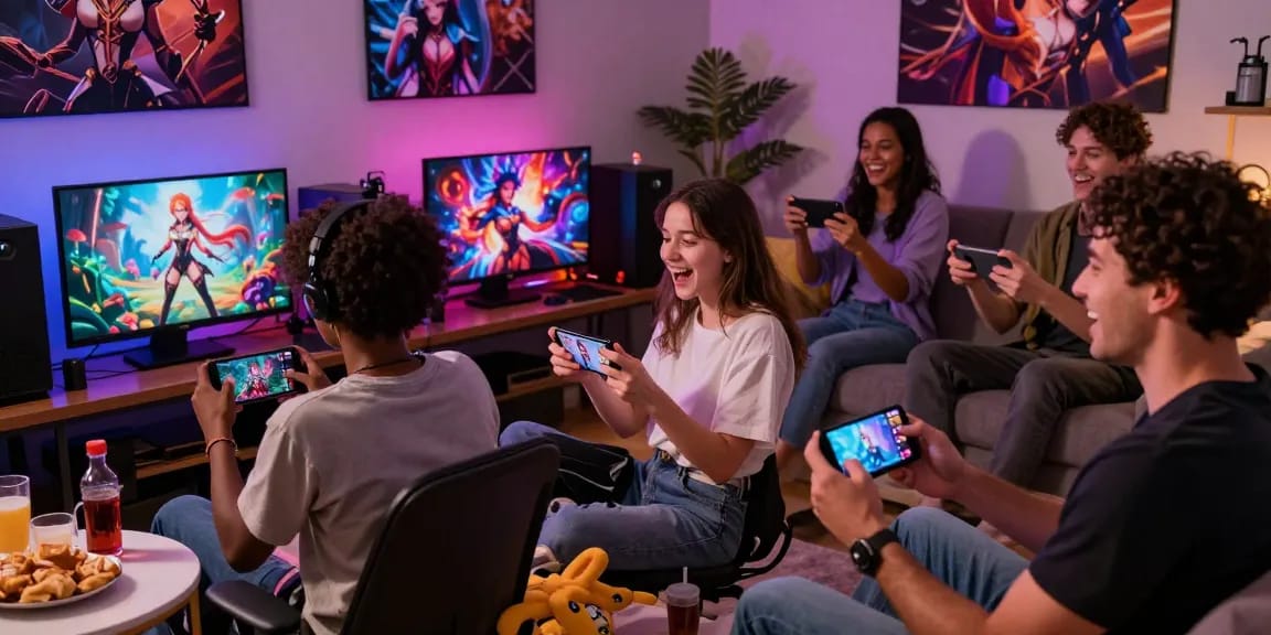 Players enjoying hentai games on mobile devices in a colorful gaming setup