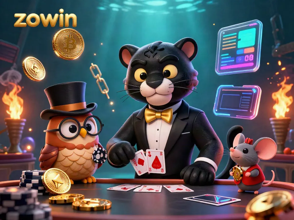 Engage with zowin's casino excitement as a stylish panther deals cards amid glowing crypto elements.