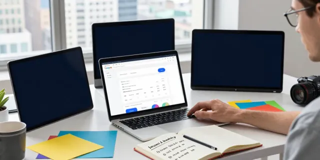 SEO specialist using instant indexing in a modern digital workspace, analyzing multiple screens and reports.