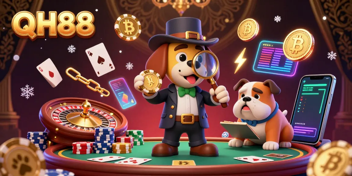Engage with an exciting QH88 scene showcasing a detective dog inspecting poker clues amidst vibrant casino elements.