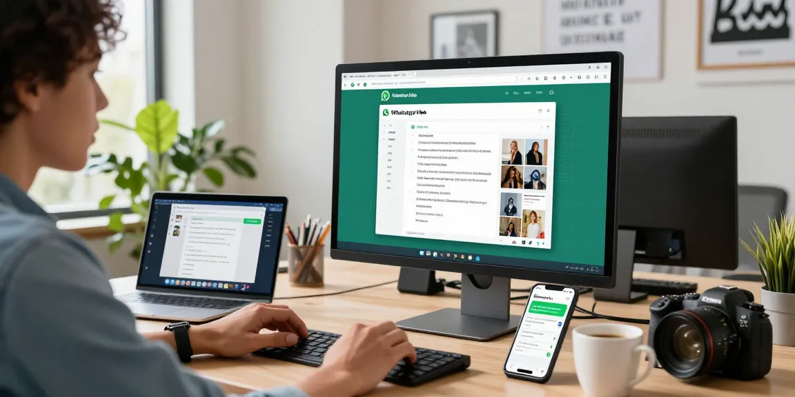 User engaging with WhatsApp網頁版 on a computer in a bright modern office.