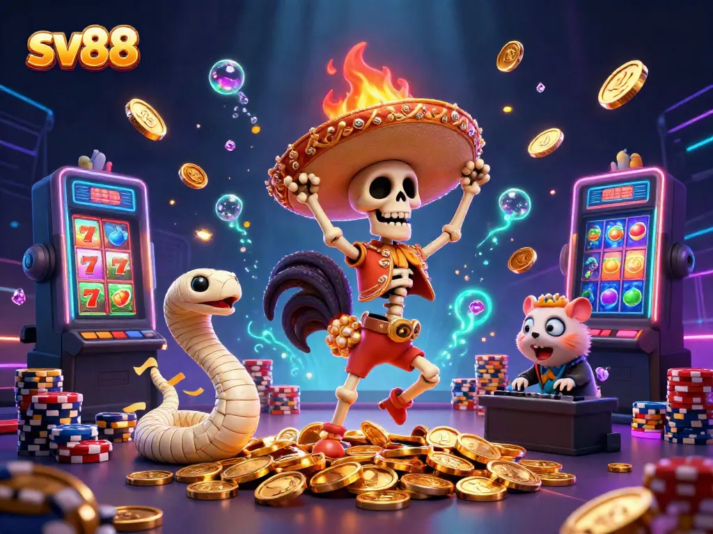 Experience winning moments at sv88 with a vibrant carnival of colors, lucky slot reels, and dynamic characters.
