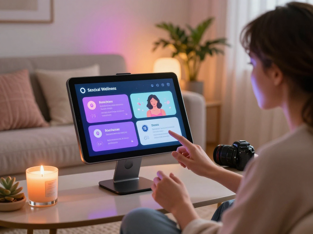 Exploring sex AI technology in a modern living room for intimacy and wellness.