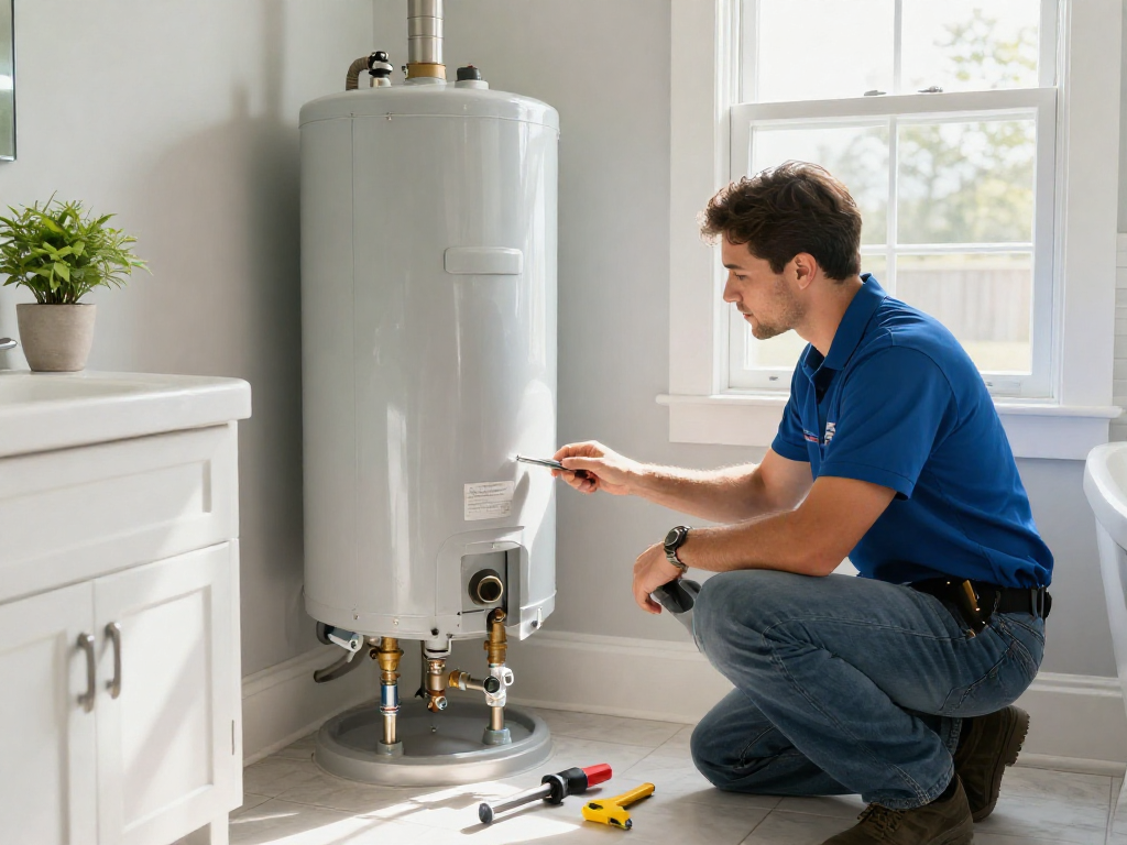 Professional plumbing repair Fort Worth expert inspecting a water heater in a bright bathroom.