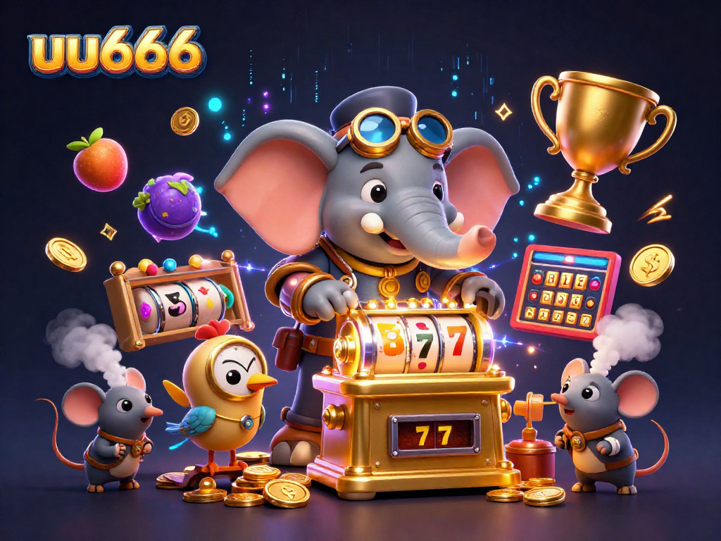 Experience the excitement of uu666 with a steampunk elephant operating a golden slot machine amidst vibrant casino elements.