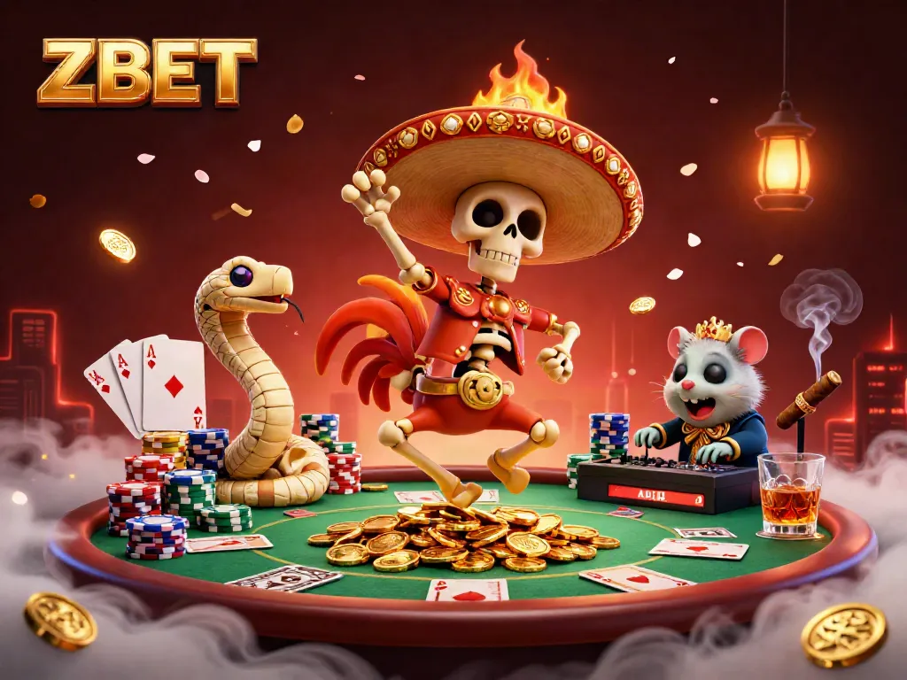 Experience ZBET’s vibrant online gaming with dynamic characters around a poker table.