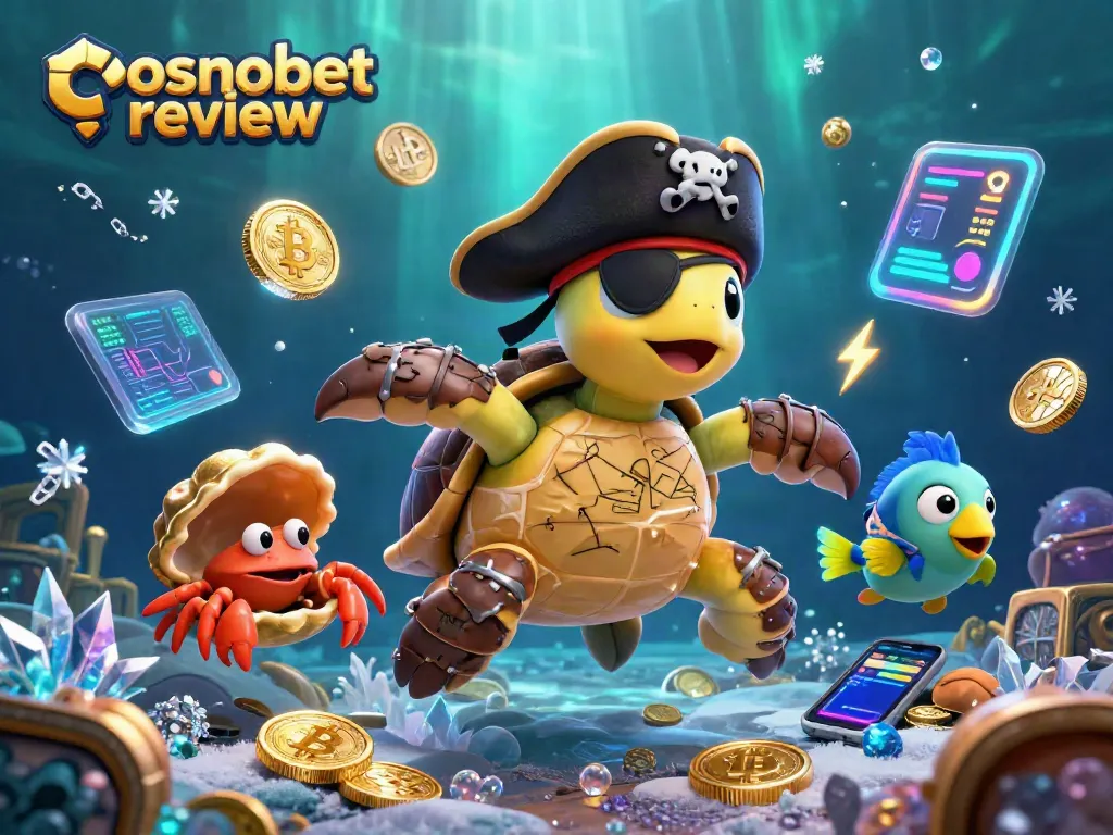 Play at Cosmobet Casino through this vibrant 3D scene featuring a turtle and colorful characters.
