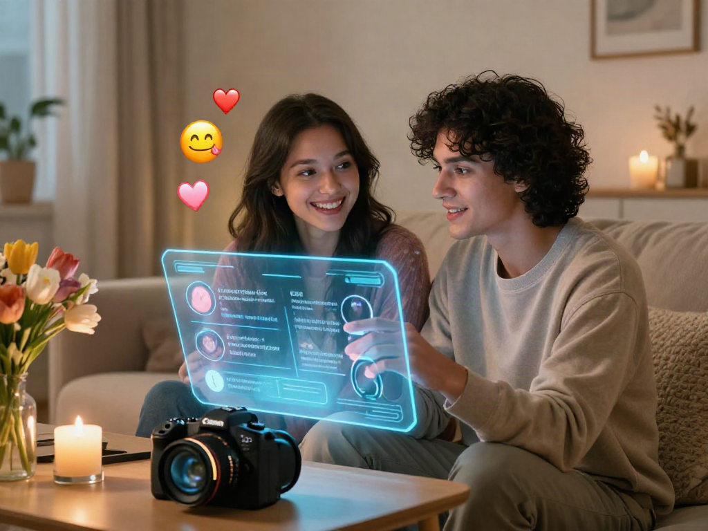 Engaging couple exploring sex ai technology in a cozy setting with holographic displays.