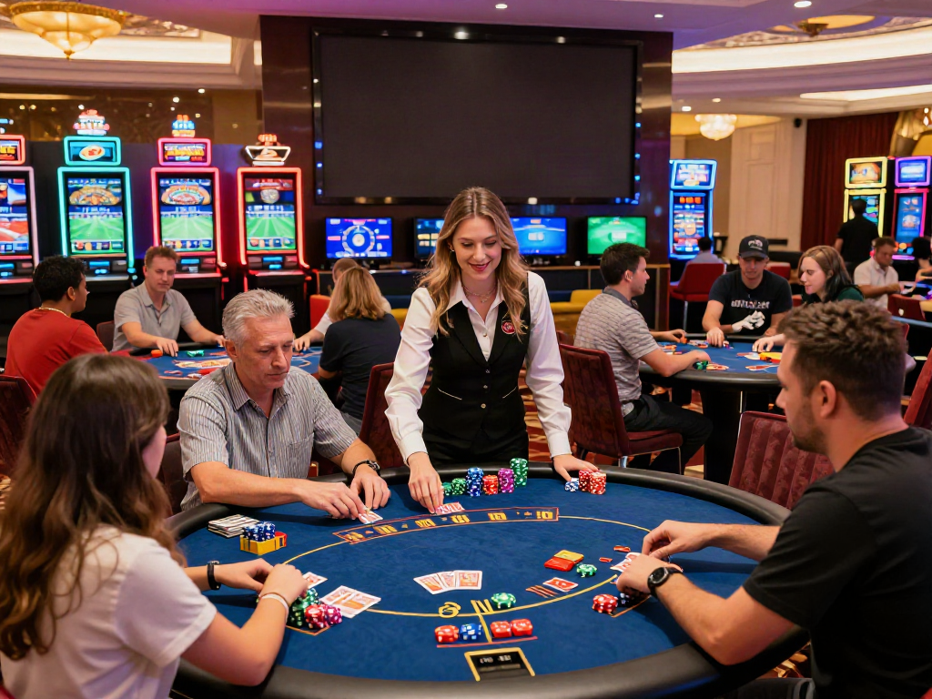 Exciting gaming atmosphere at SIN88 featuring diverse players and professional dealers at colorful casino tables.