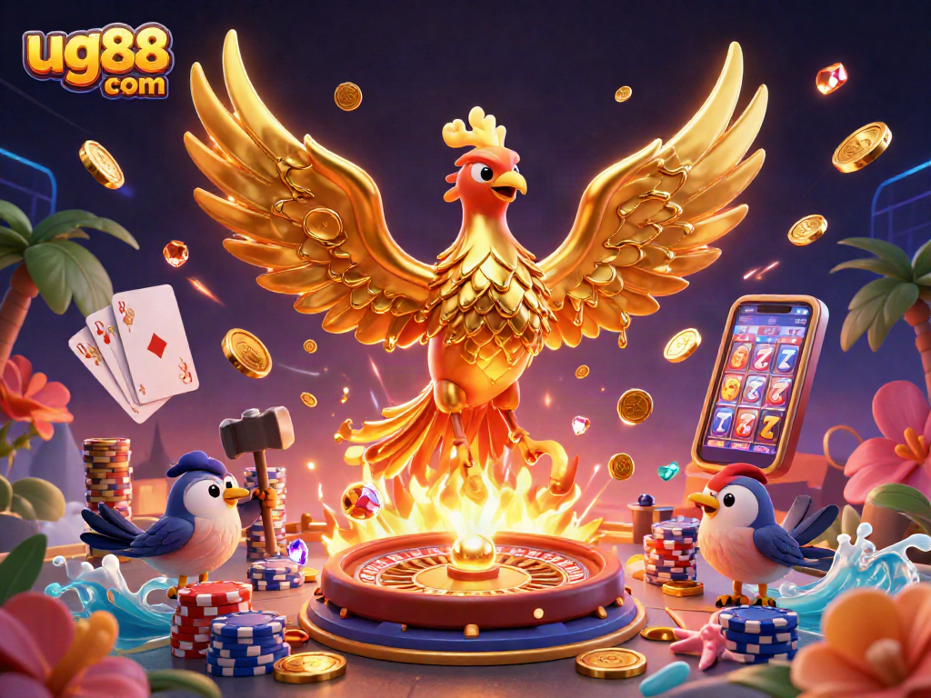 Spin to win at ug88 com with vibrant casino elements and a golden phoenix in action.