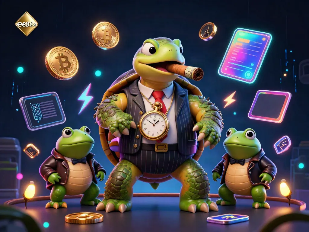 Engaging cartoon scene showcasing ee88a with a snapping turtle in a mobster suit, surrounded by casino lights and crypto elements.