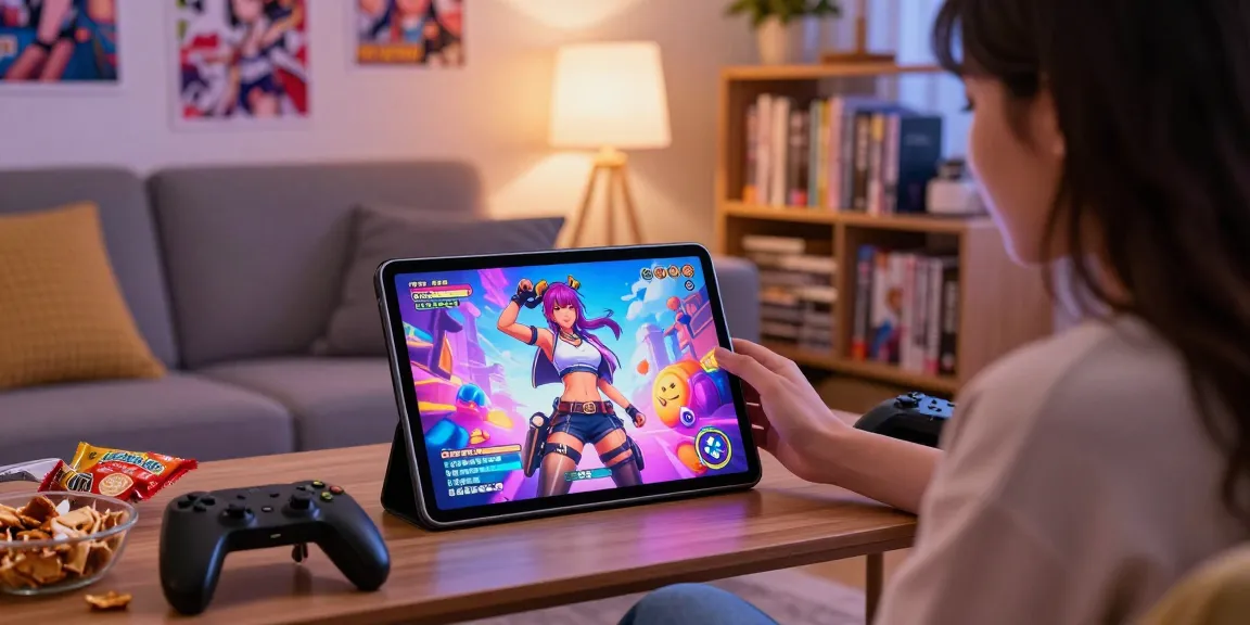 Engaging scene of female protagonist hentai games on a tablet in a cozy living room.