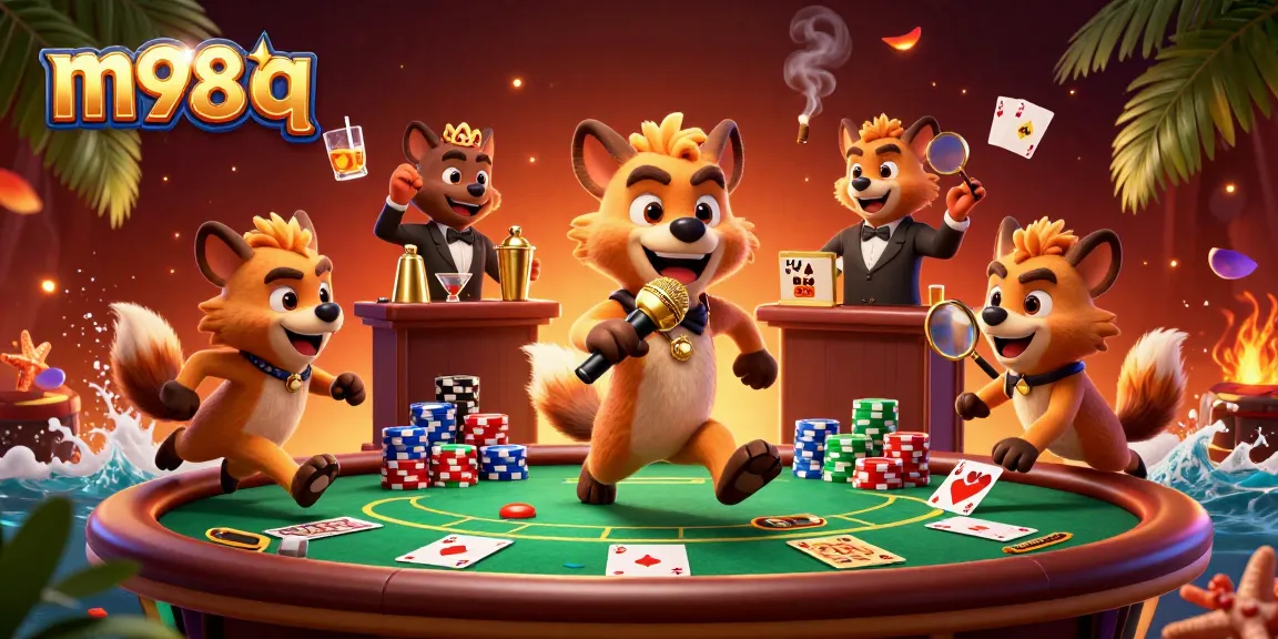 m98 q showcases lively hyenas at a comedy casino, highlighting poker elements and dynamic energy.