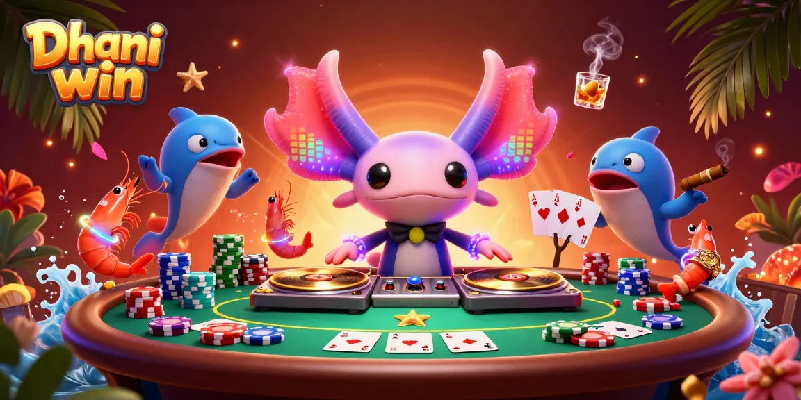 Dive into the exciting world of Dhani win as a vibrant axolotl DJ spins while shrimp dance with poker chips stacked high.