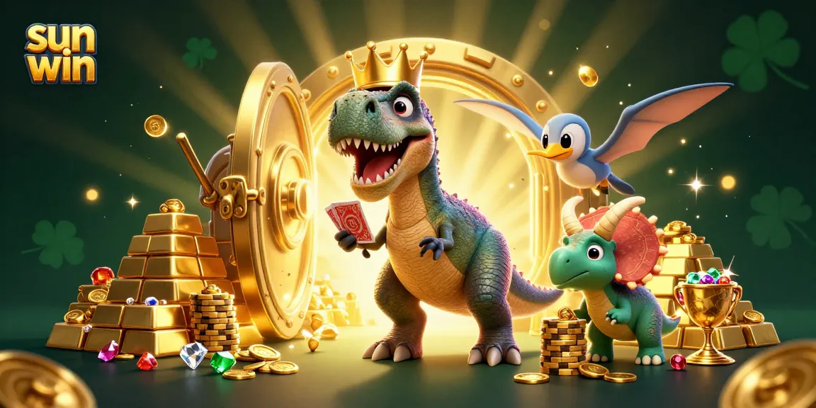 Join the fun with sun win in this vibrant 3D casino scene featuring playful dinosaurs enjoying a game of chance.