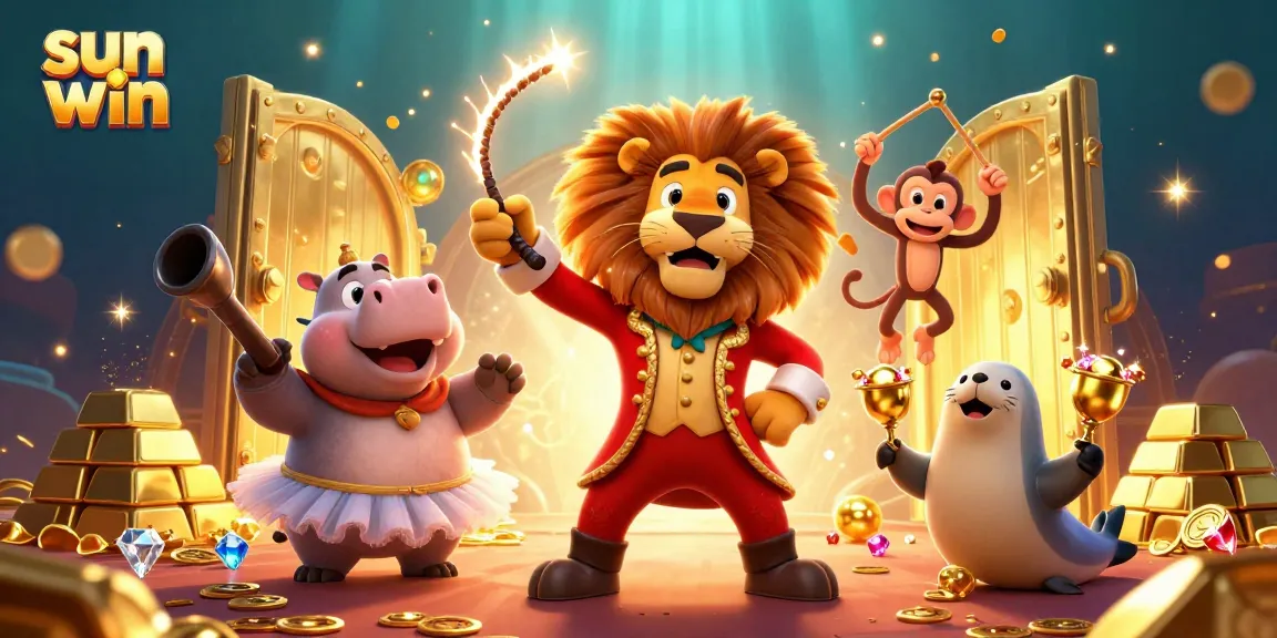 Experience the excitement of sun win with a lively circus scene filled with casino treasures and characters.