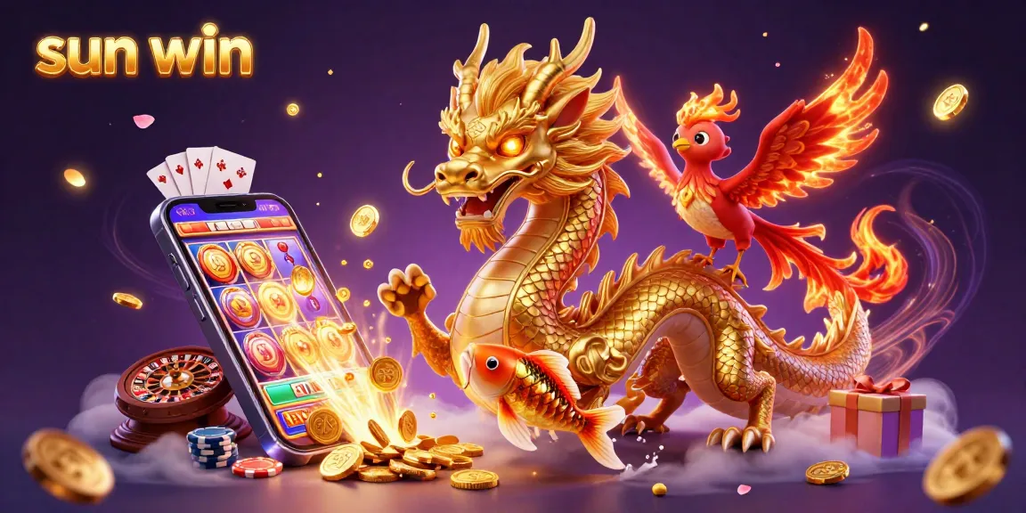 Experience the thrilling sun win action with a dragon, phoenix, and koi fish amid slot games and gold coins.