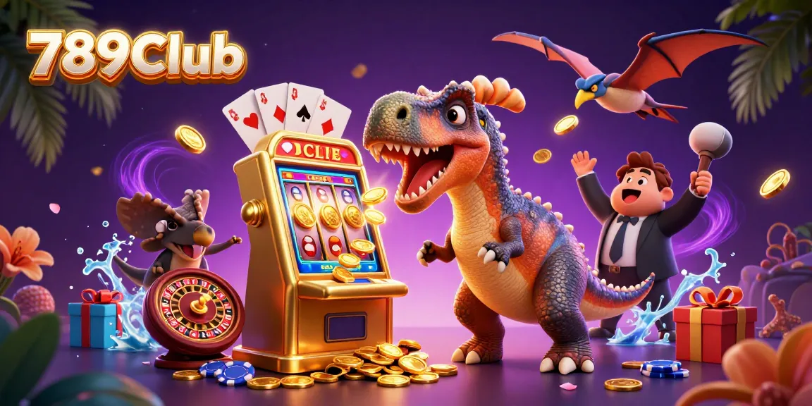 Experience 789Club's thrilling jackpot action with dynamic scenes of dinosaurs and casino elements.