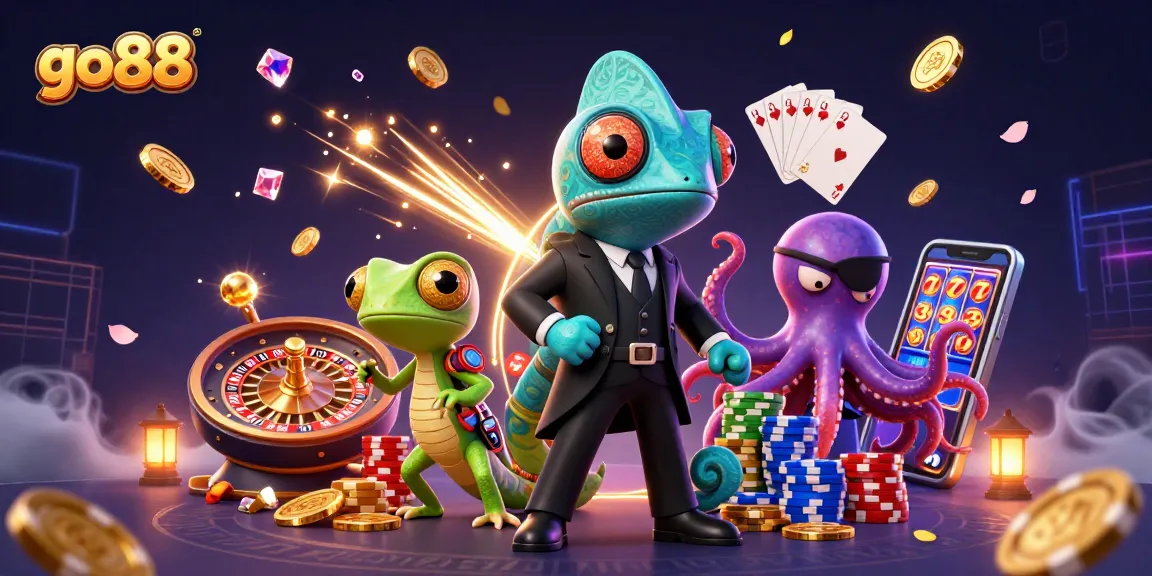 Spin to win at go88 with a colorful casino scene featuring a secret agent and amazing creatures.